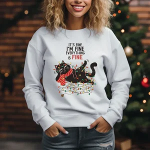Xmas Gifts Outfits Top It's Fine I'm Fine Everything Is Fine Graphic Sweater Women Merry Christmas Cat Lights Cartoon Sweatshirt