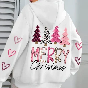 Merry Christmas Pink Tree Printing Women Hoody All-Match Autumn Hoodies Casual Loose Pullover Harajuku Pocket Streetwear