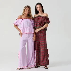 Women Christmas Plaid Print Loungwear Set Y2K Puff Sleeve Babydoll Tops with Ruffle Split Wide Leg Pants Xmas Gingham Pajamas
