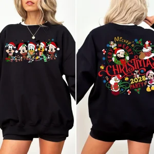 2-Sided Mickey's Very Merry Christmas Party 2025 Sweatshirt Disney Santa Mickey And Friends Group Christmas Lights Hoodie