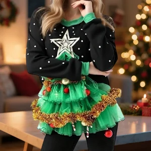 Women's Christmas Sweatshirt 3D Christmas Tree Xmas Lights Ball Decor Pullover Long Sleeve Tee Top For Merry Party Clothes